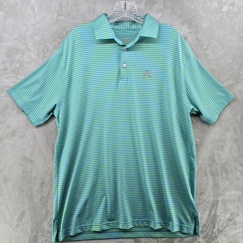 Rhoback Mens Large Polo Green Blue Striped Performance Short Sleeve Golf Shirt